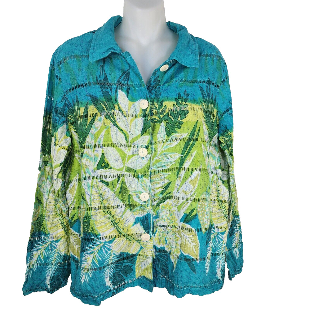 Mirasol Women Shirt Large Button Vibrant Floral Ladder Lace Cotton Flax Hawaiian